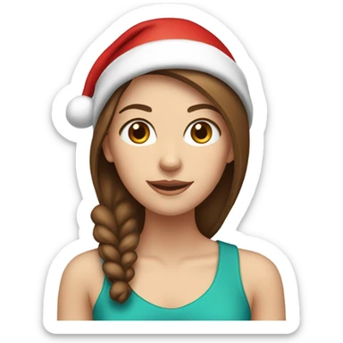 White girl with brown hair wearing a santa hat sticker