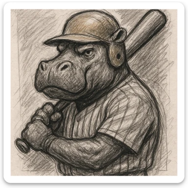 hippo holding a baseball bat, wearing a yellow helmet, pinstripes outfit sticker