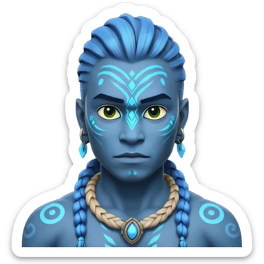 avatar-style Na’vi male portrait, head and shoulders only, blue skin, bioluminescent markings, strong face features, braided hair, tribal necklace, heroic expression, 3D cartoon, mobile game icon style, clean background, no text, no watermark
 sticker