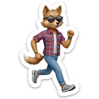 friendly anthropomorphised wolf in jeans and plaid shirt, wearing dark sunglasses, jogging upright in relaxed pose sticker
