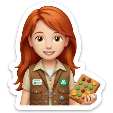 happy white girl scout with red long hair selling cookies with a brown Girl Scout vest and white shirt under vest. She should be around 10 years old sticker
