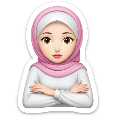 white hijab women are listening with her hands folded on the table. her lips is pink. sticker