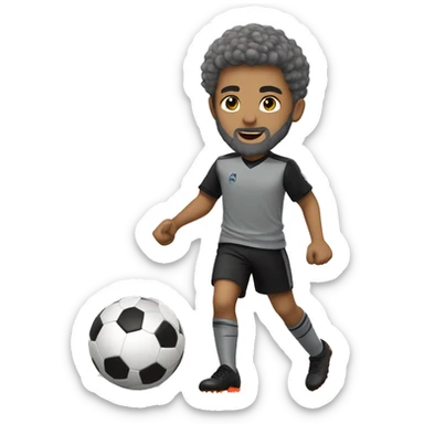 light skinned boy in gray soccer uniform and black shorts with gray beard  and hair kicking a soccer ball sticker