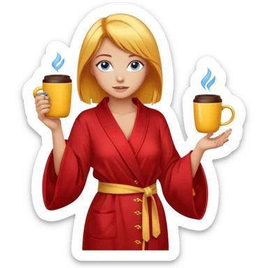 lightly tanned skin, blue eyes, cute and sexy girl with bright yellow-brown hair in a few shades of red robe, golden rings, slight cute makeup, full body, slightly turned aside pose, holding a coffee mug sticker
