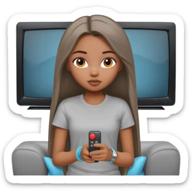 a pretty bratz dusky girl with long straight hair watching tv and wearing a grey tshirt sticker