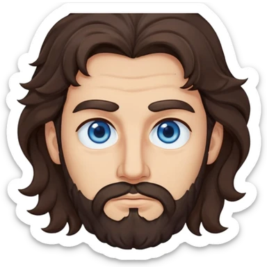 Lebanese man with one blue eye and one brown eye, dark brown longish wavy hair, light beard, closed mouth, kind expression, blue shirt sticker