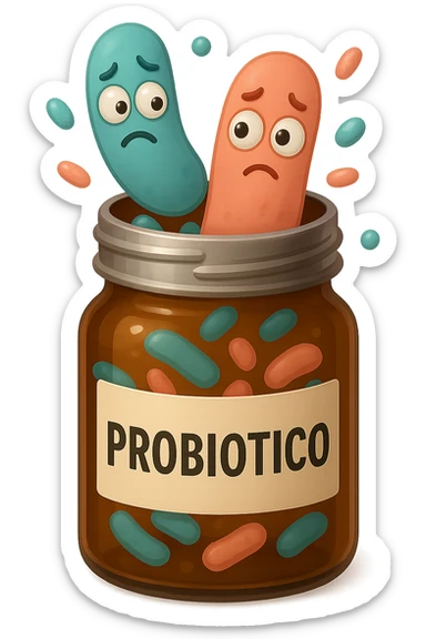 EMOJI STILE IPHONE DI UN barattolo di PROBIOTICI con la scritta "PROBIOTICO" SULL'ETICHETTA APERTO DA CUI ALL'INTERNO ESCONO BATTERI INTESTINALI TURCHESI E ROSA SALMONE CON ESPRESSIONE DUBBIOSA IN VOLTO, IPERREALISTICO 4K sticker