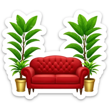 red velvet luxury couch with a stand mic and houseplant sticker