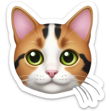young striped calico cat face with a pink nose, white chin, green eyes, and orange/brown markings sticker