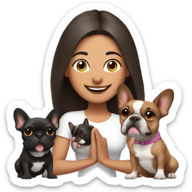 latin woman with long dark brown hair expressing joy dressed in a yoga outfit alongside two french bulldogs sticker