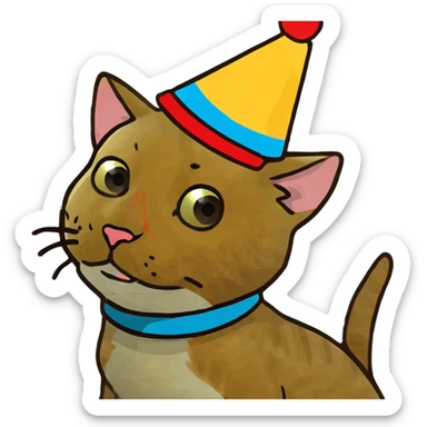 ginger tabby kitten celebrating birthday, wearing a birthday hat, with birthday cake, balloons, happy expression, and gifts sticker