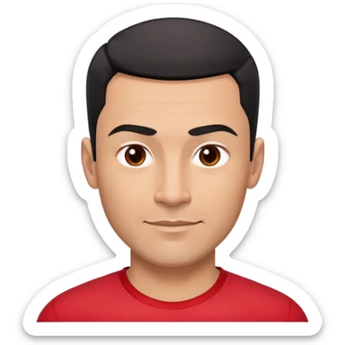 Robust athletic man in his 40s with light brown skin tone, very short black hair with modern fade haircut, strong square face with pronounced cheekbones, thick eyebrows, wide nose, medium lips with friendly smile, wearing red fitted athletic shirt sticker