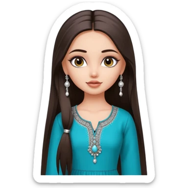 generate a pretty bratz girl wearing a kurti, eyeliner on, long straight hair, silver jhumkas in ear sticker
