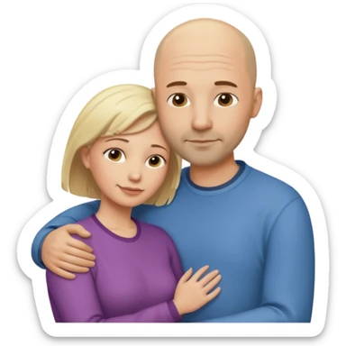 A 40-year-old couple embraces in a tender embrace. In casual attire. He is bald with a dark, stubble. She is a head shorter than him, and blonde. sticker