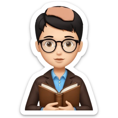 a pretty bratz boy with black hair, spectacles on, holding a book in hand and a chocolate in the other sticker