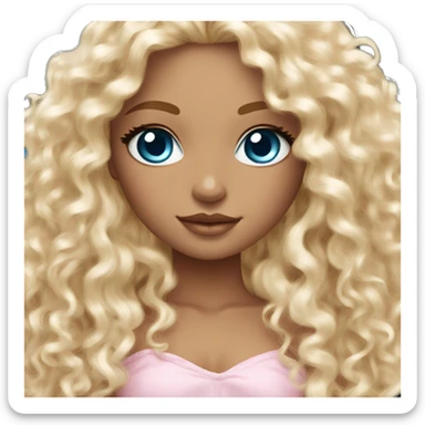 Tan skin, ocean blue doll eyes, blonde curly long hair, feminine, pink, girl, angelic sticker