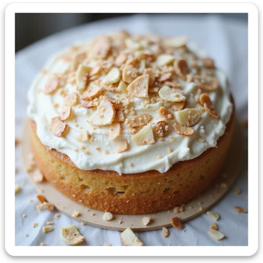 realistic round cake with coconut frosting and toasted coconut flakes, photorealistic style sticker