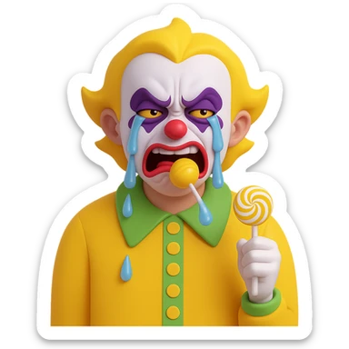 Make the ugly joker in the yellow jersey cry brutally out of envy, with exaggerated tears and a jealous, envious expression, still eating a lollipop, no background. Render in a style suitable for editing with transparent background. sticker