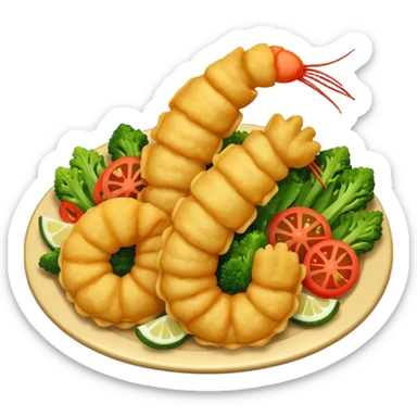 realistic tempura dish emoji, shrimp and vegetables, crispy golden coating, dynamic lighting sticker
