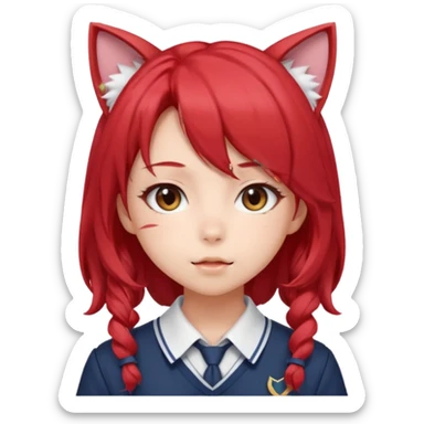 cute anime girl with cat ears, red blowing hair sticker