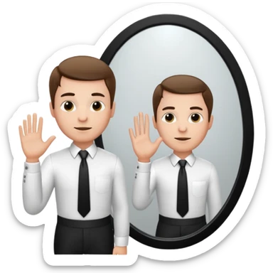 A man wearing a white dress shirt and black tie looking into a mirror holding up his hand. We should be seeing the back of the man and his reflection in the mirror. sticker