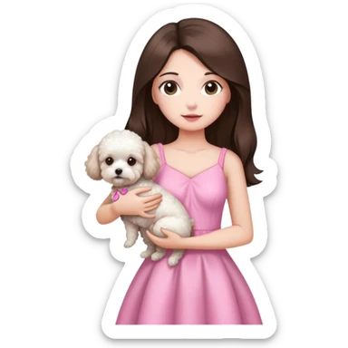 brunette with long straight hair holding white maltipoo in pink dress sticker