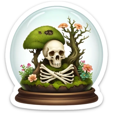 Mystical woodland glass-dome-terrarium-globe with moss inside, with and an animal-cadaver-creature-skull inside, and flowers inside  sticker