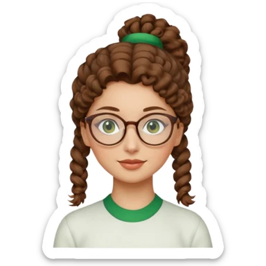 iranian woman, tight curly light brown hair in one high pony tail, glasses, green eyes, pretty, oval shape face, no hajib sticker