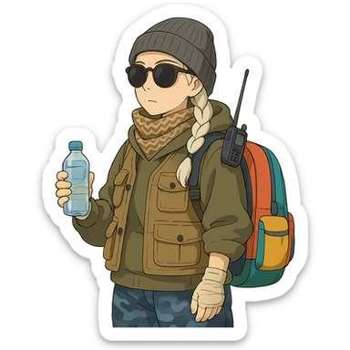 1 female, long white braid, knit cap, dark sunglasses, shemegh neckwrap, fishing vest, vibrant shool backpack, drab hoodie, handwraps, blue camo pants, handheld radio clipped to shoulderstrap of backpack, unkempt, holding a bottle of water sticker