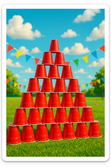 an Egyptian pyramid with red plastic party cups, playful and fun sticker