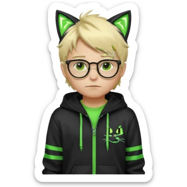 Light blond, slightly messy hair
Black glasses
A black hoodie with cat ears
Neon green details on the jacket and pants (glowing lines and stripes)
An overall hacker / cyberpunk style look
A neutral facial expression (boy )eyes brown) the hood with ears BROWN EYE BROWN EYE sticker