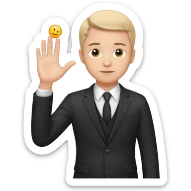 white man in formal suit in thought, holding something in the palm of his hand sticker