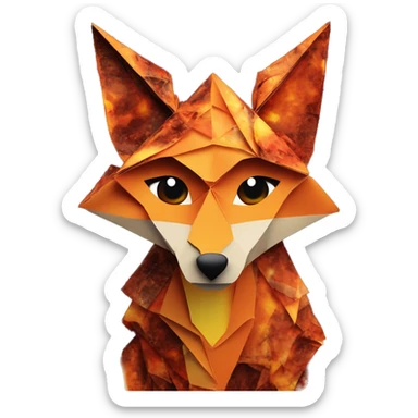 Charred flaming fiery Origami fox made of newspapers on fire letters on fire burnt paper surrounded by fairy lights swirls covered in dried thorns bokeh vines fire flames sticker
