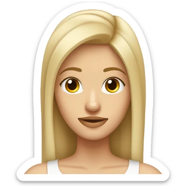 Mujer con cabello rubio lacio, bajo el hombro, con flequillo de lado, frente amplia y aros de argolla. Con una polera con cuello en color beige con cuello. sticker