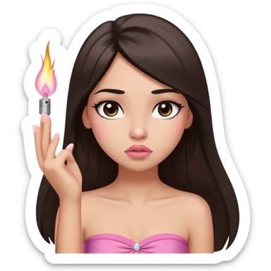 girl with lighter skin, dark brown long straight hair falling in front of her body, pouty shiny lips without cupid's bow, large eyes, lighter button nose, long oval-shaped face, wearing a pink bandeau top with straight neckline, looking directly at camera with hands down at sides sticker