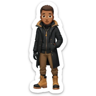 Handsome Black grown man with brown skin tone, wearing black joggers, a black weather coat, and buckwheat timberland boots, and black gloves sticker