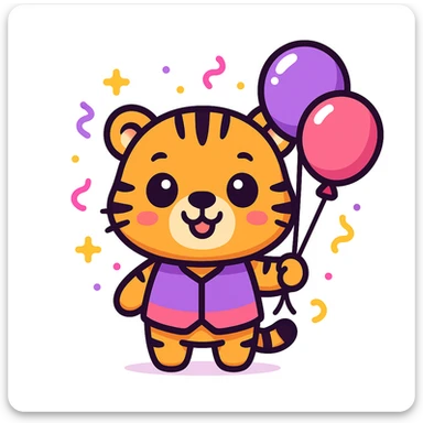 cute cartoon-style male tiger mascot with neotenic features: large round head, big shiny eyes, small nose and mouth, short arms and legs, chubby body, smiling happily, standing upright, wearing a purple and fuchsia vest or shirt, holding balloons, surrounded by soft party elements like confetti, bold outlines, soft colors purple to fuchsia gradient, gold accents, white, clean vector style, extremely cute, evokes tenderness, plain white background sticker