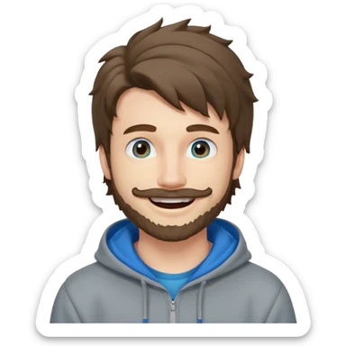 25 year old man, short scruffy beard and thin moustache, brown puffy mullet, blue eyes, big smile, white teeth, big lips, pronounced jaw, hair longer in back, sticking up on top, thin face, grey hooded sweatshirt, pale skin, big smile, blue eyes, puffy hair sticker