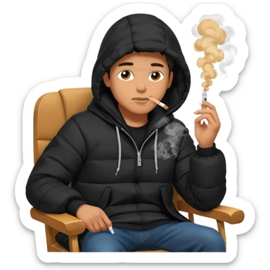 A man sitting on a chair, wearing a black puffed coat with hood, hands in his pocket, smoking a cigaret, he is on a chair i sticker