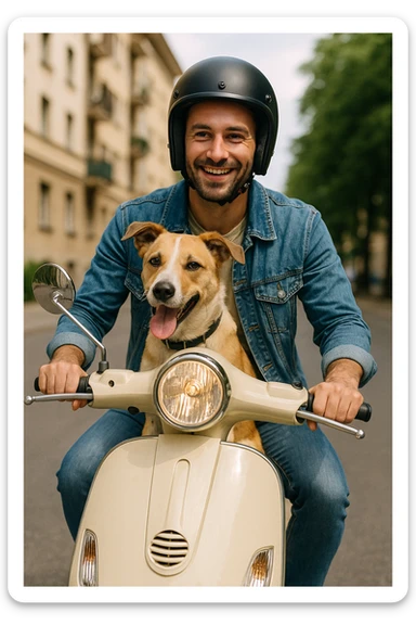 man and his pet dog riding a vespa sticker