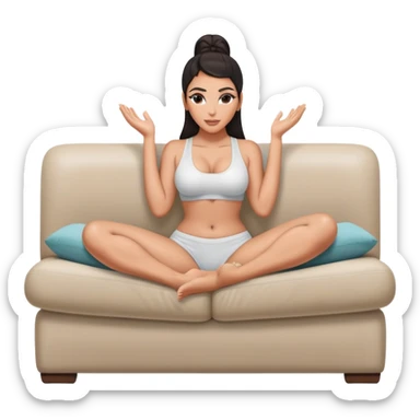 hypereal fullbody kim kardashian in undies lying on couch comfy in yoga pose missionary holding her legs up with hands sfw sticker