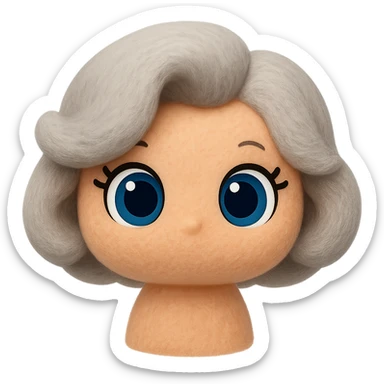 Make the hair slightly more voluminous and add cartoon-style eyes, keep soft fleece texture, pure silver grey hair, 1940s bob, cute plush-style eyelashes, vibrant blue eyes, no neck, no body, no mouth, no white border, transparent background. The style should be soft fleece texture with a cute plush look. sticker