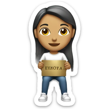 Mulher branca e loira, gordinha, sentada na cadeira com uma placa escrito gerência  sticker