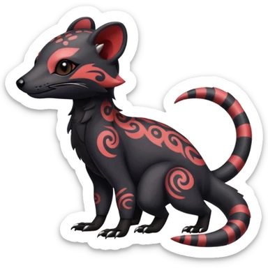 Rare warm-colored exotic gloomy tropical edgy cute epic aesthetic spooky dark gothic colorful Salandit-Civet-species-Fakemon-hybrid-creature, with tribal tattoo markings, full body sticker
