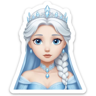 Cinematic Serene Snow Queen Portrait Emoji, rendered in a simplified vector style. Depict a gentle Elsa (chest and above) with delicate icy skin, softly cascading platinum hair, and calm, reflective blue eyes, dressed in her classic ice-blue gown. The image exudes a soft, luminous frosty radiance with high shine and a subtle glowing outline. sticker