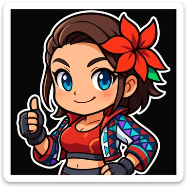 Azucena from Tekken 8 in chibi sticker style, giving thumbs up with a confident smile, standard Twitch emote, wearing her detailed red and patterned outfit as shown in the reference images. sticker