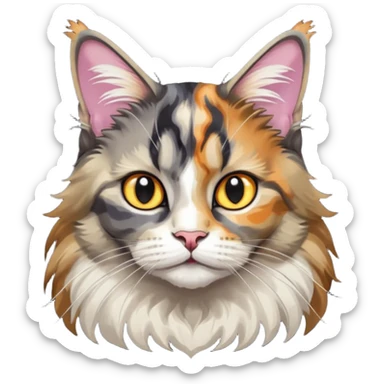 Maine coon black silver tortie et blanc avec une grosse tache noir sur un côté de la tête qui vient comme pour faire une moustache avec des couleurs assez vives  sticker