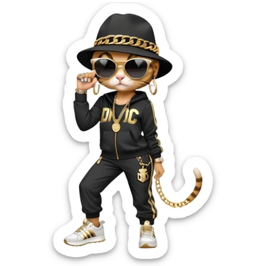female cat wearing Run DMC hip-hop outfit with tracksuit, fedora, Adidas sneakers, dark sunglasses, many gold chains, rings, bracelets, flashy earrings, upright pose sticker