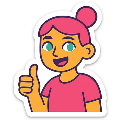 girl with pink topknot haircut and green eyes giving a thumbs up sticker