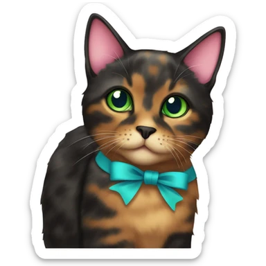 tortoiseshell cat more black furr with green-blue eyes and a pink bow collar sticker